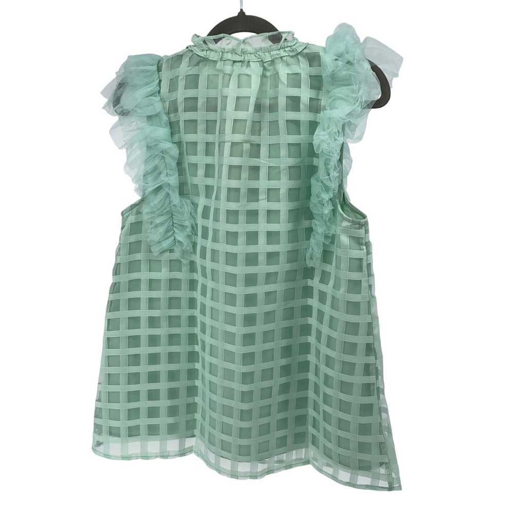 Entro Mint Green Windowpane Check Ruffle Tulle Trim Sleeveless Blouse NWT Medium - Picture 2 of 7